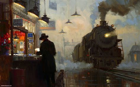 Wallpaper City Artwork Evening Train Station Oil Painting