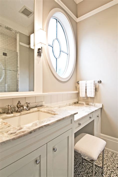 Charming ideas double sink vanity with makeup area bathroom table throughout double sink vanity with makeup area renovation. Vanity Area with circle window and granite counter top. # ...