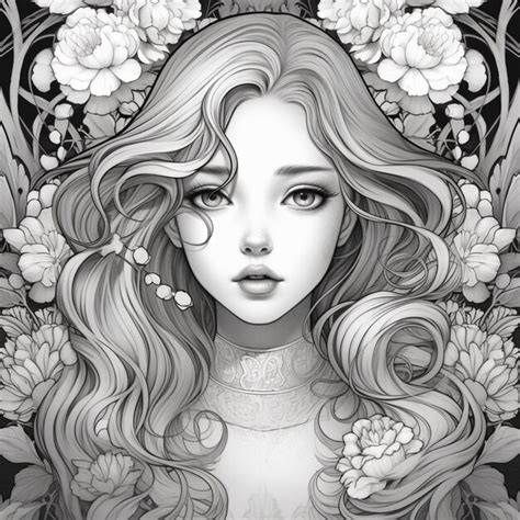 Premium Ai Image A Drawing Of A Woman With Long Hair And Flowers In