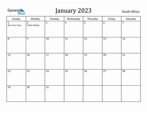 January 2023 Calendar With South Africa Holidays