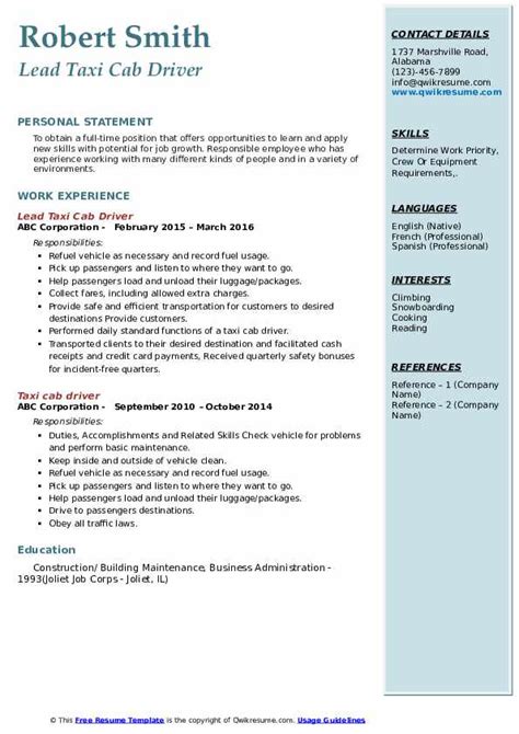 Taxi Cab Driver Resume Samples Qwikresume