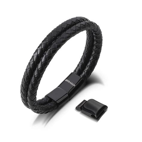 Premium Genuine Leather Bracelet For Men In Black Magnetic