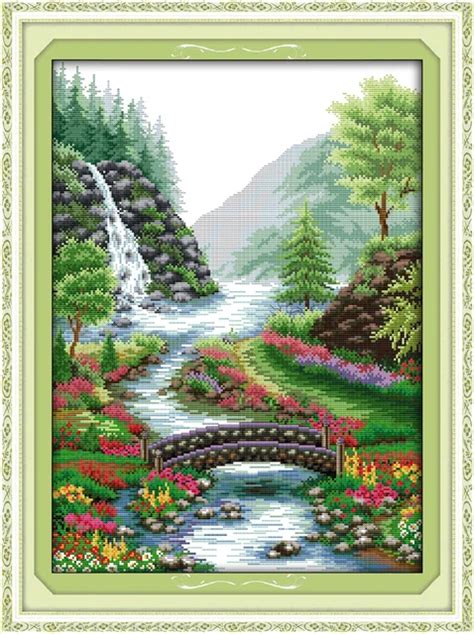 Bridge River Scenery Counted Cross Stitching 11ct Printed 14ct Handmade