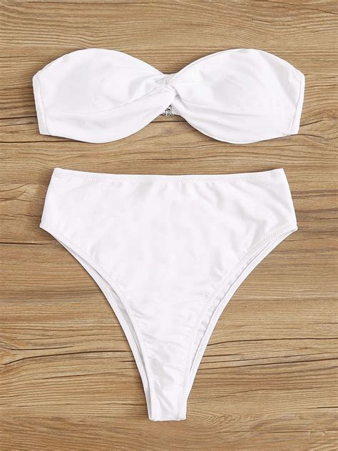 White Twist Bandeau Swimsuit With High Waist Bikini Bottom Bikinis