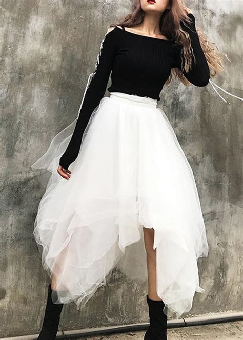 Organic White High Waist Asymmetrical Design Summer Tulle Skirt Soolinen