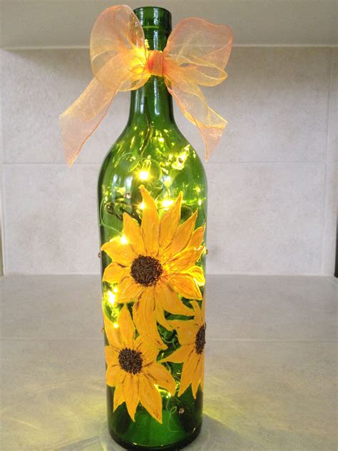 Sunflower Lighted Hand Painted Wine Bottle Glass Bottle Crafts