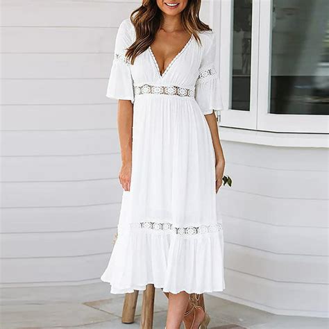 Meldvdib Womens Bohemian Dress Deep V Neck Summer Flowy Long Maxi Dresses Sexy White Sleeveless