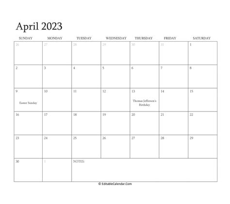 Editable Calendar April 2023