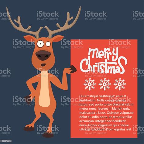Cartoon Christmas Santas Reindeer Pointing At A Sign Stock Illustration
