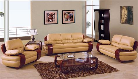 Tan Leather Modern Living Room Wcherry Wooden Arms