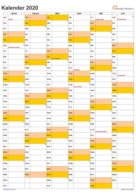 Excel Kalender 2020 Kostenlos