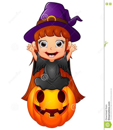 Little Witch Cartoon Sitting On The Pumpkin Stock Vector Illustration Of Fantasy Smiling