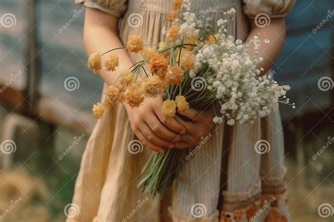 Close Up A Womanand X27s Hands Holding A Camomile Flowers Bouquet