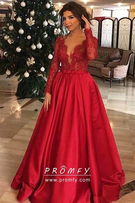 Scalloped Red Lace Satin Long Sleeves Prom Dress Promfy