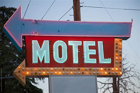 Vintage Retro Neon Motel Sign Lit At Dusk By Natalie Jeffcott Neon