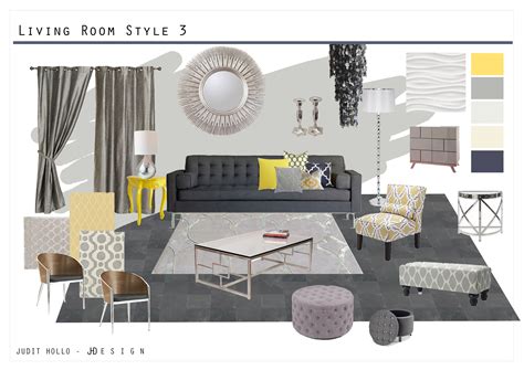 The second one has a more retro feel with curved shapes, a muted color. Living Room and Master Bedroom Mood board | Grey living ...