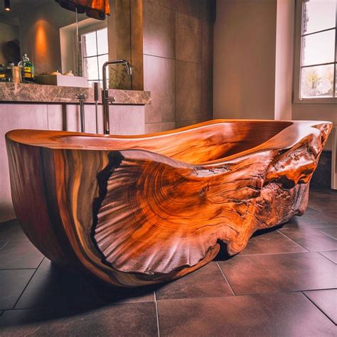 A Large Wooden Bathtub Sitting On Top Of A Tiled Floor