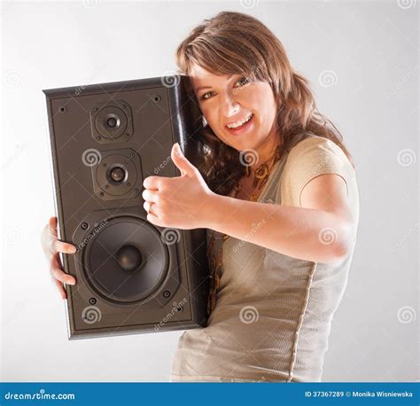 Beautiful Woman Holding Big Wooden Speaker Stock Image Image Of Disco