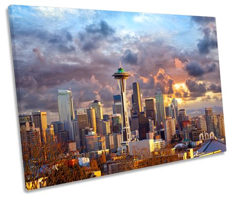 Seattle Skyline Sunset City Picture Single Canvas Wall Art Print Ebay