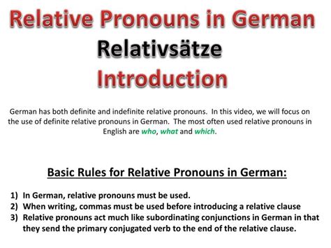 A relative clause is a type of subordinate clause that is introduced by a relative pronoun. PPT - Relative Pronouns in German Relativsätze Introduction PowerPoint Presentation - ID:2555572