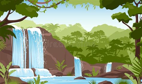 Waterfall In Green Jungle Rainforest Fresh Greenery Stock Vector