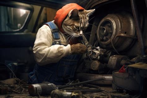 Premium Ai Image Mechanic Cute Cat Is Repairing The Car