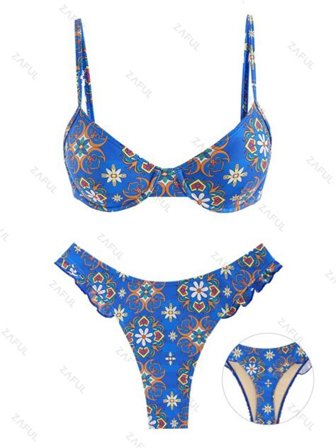 zaful women s underwire ruffles high leg plant floral printed thong two piece swimwear bikini