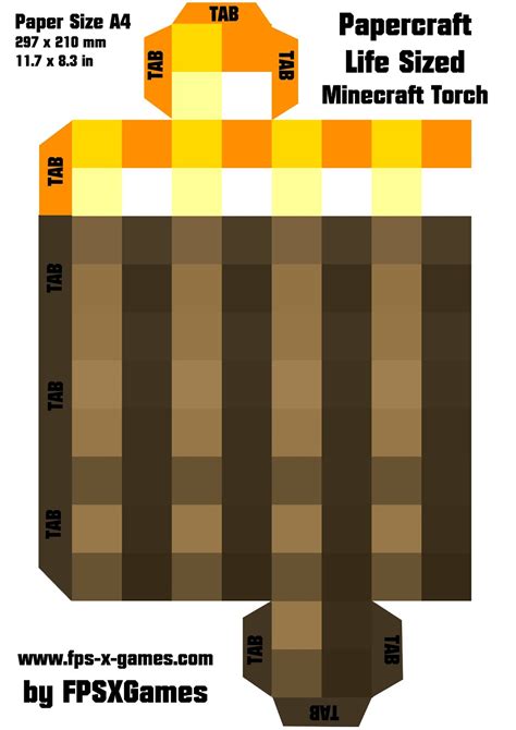 Printable Papercraft Cut Out Minecraft Life Sized Torch Template