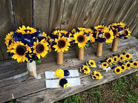 Sunflower burlap turqouise bridesmaids wedding bouquets pictures. Sunflower Bouquet, Navy Sunflower Bouquet, Bridal Bouquet ...