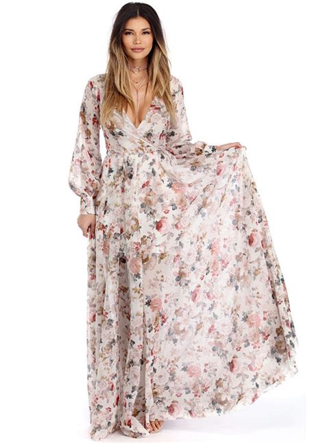 Women S Boho V Neck Long Sleeve High Waist Maxi Floral Dress