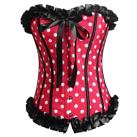 red white polka dot with black pleated trim sexy women corset overbust gothic clothing