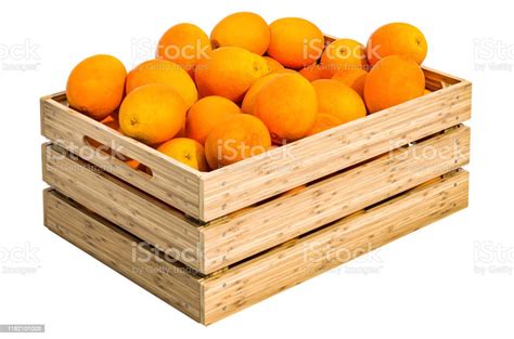 Oranges In The Wooden Crate 3d Rendering Isolated On White Background