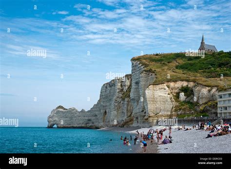 The Beach And The Cliff Of Etretat In Summer Haute Normandie Stock