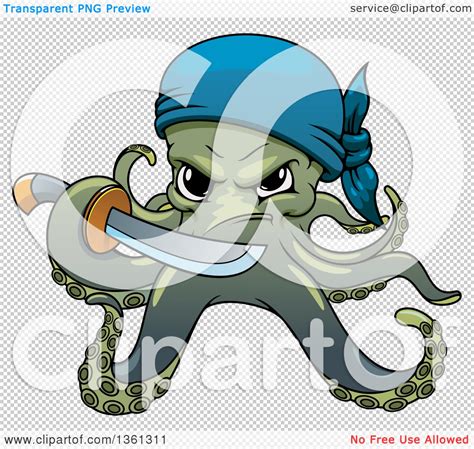 Clipart Of A Cartoon Pirate Octopus Holding A Sword Royalty Free