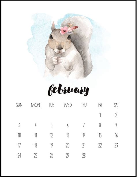 Watercolor February 2019 Printable Calendar Watercolor Animals