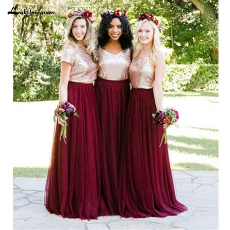 Two Tone Pieces Rose Gold Sequin Burgundy Bridesmaid