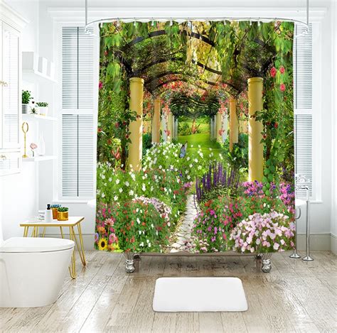3d Garden Flower Shower Curtains Beauty Nature Bamboo Stream Bathroom