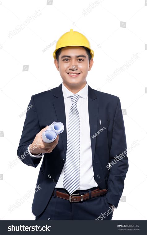 Young Aisan Handsome Architect Working Over Stock Photo 610673327