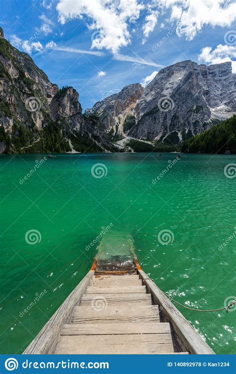 Amazing View Of Turquoise Lago Di Braies Lake Or Pragser Wildsee In