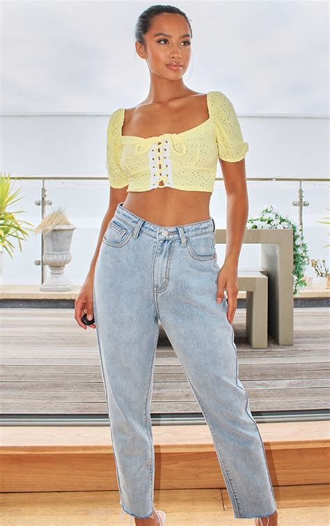 Petite Yellow Lace Up Milkmaid Crop Top Prettylittlething