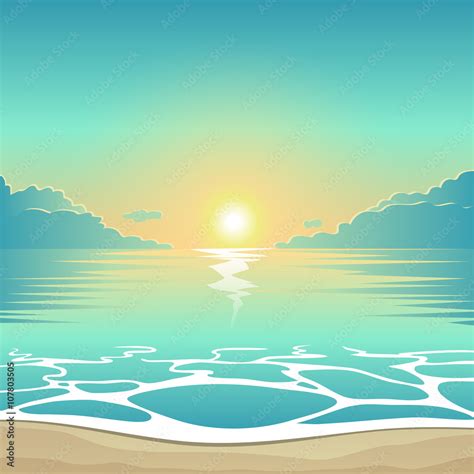 Vector Summer Background Illustration Beach At Sunset With Waves And