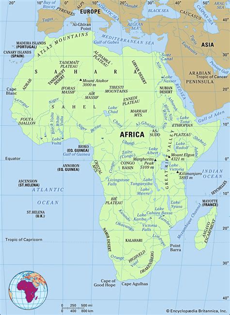 #378153 physical map that shows the mountain ranges, rainforest, desert. Africa - Land | Britannica