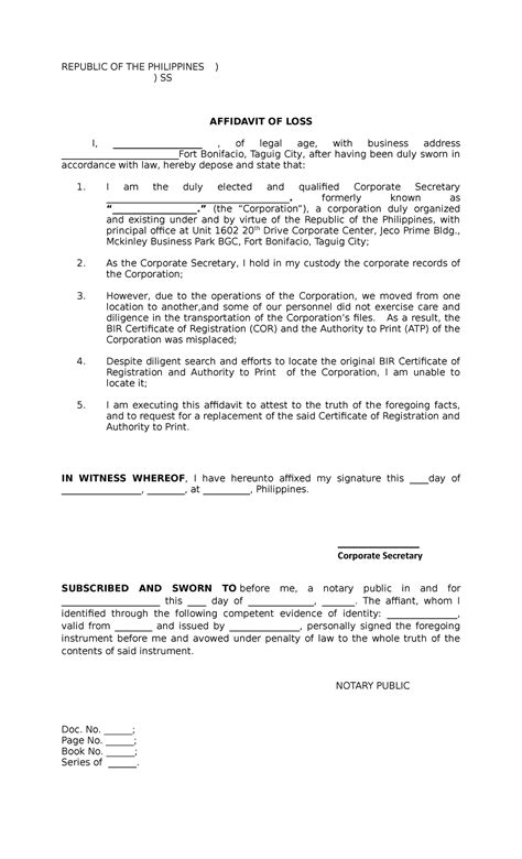 Affidavit Of Loss COR For Loss Document REPUBLIC OF THE PHILIPPINES SS AFFIDAVIT OF LOSS I