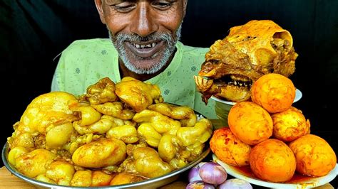 Eating Most Oily Mutton Fat Curryspicy Mutton Head Curry Egg Curry