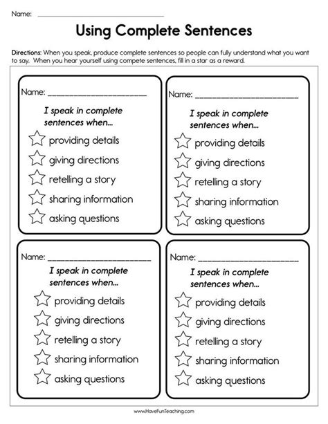 Worksheet For Using Complete Sentences To Help Students Understand The