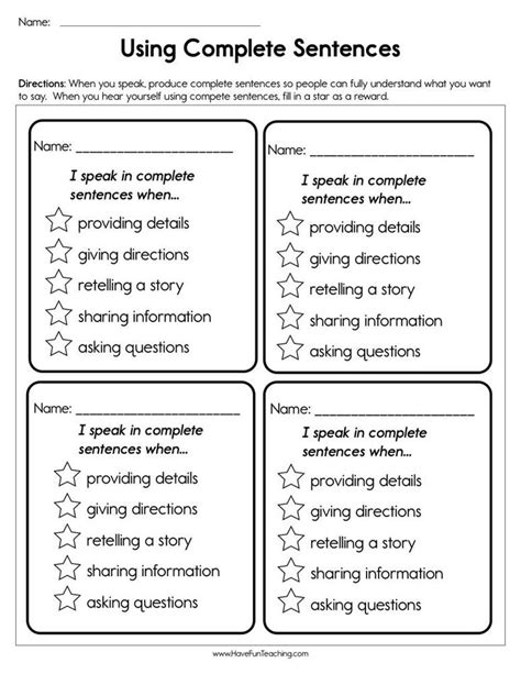 Using Complete Sentences Worksheet Complete Sentences Sentences