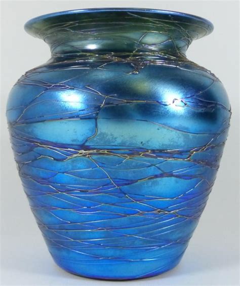 Iridescent Blue Art Glass Vase Silver Thread