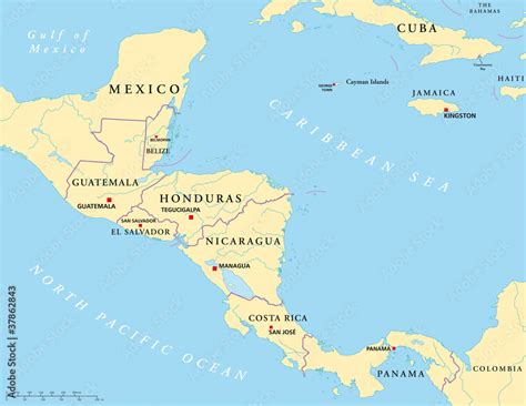 Central America Political Map With Capitals National Borders Rivers