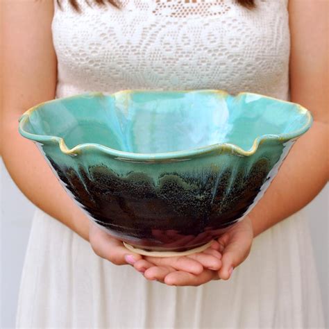 Ceramic Bowl Turquoise Pottery Bowl 8 Cup Flower Shape
