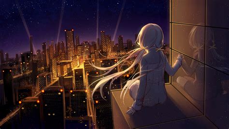 Wallpaper City Lights Sitting Reflection Night Stars Anime Girls